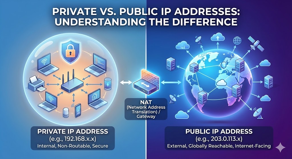 A conceptual digital illustration showing the distinction between public and private IP addresses. On one side, a "Public IP" is represented by an open globe and a lighthouse, symbolizing visibility to the wide internet. On the other side, a "Private IP" is shown inside a secure home and office building, representing local network internal routing. A router sits in the middle, acting as a gateway connecting the two environments through a secure bridge.