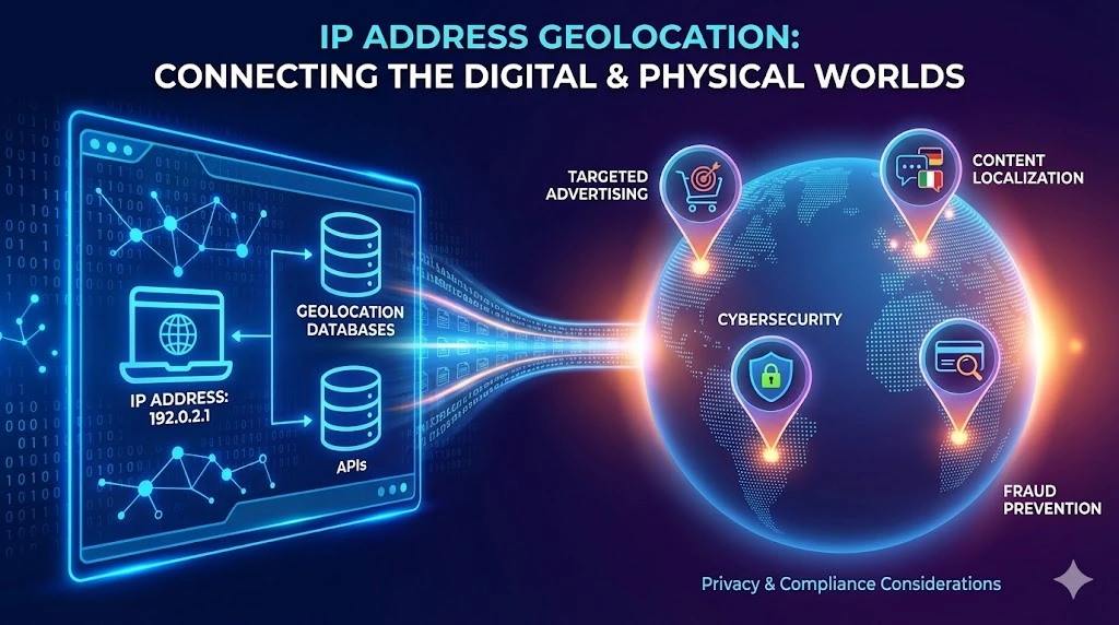 A feature image illustrating IP address geolocation. It depicts a glowing digital world map with various map pin icons connected to a central IP address block. Icons representing targeted advertising, a security shield for fraud detection, and localized content signify the practical uses of mapping IP data to geographic coordinates.