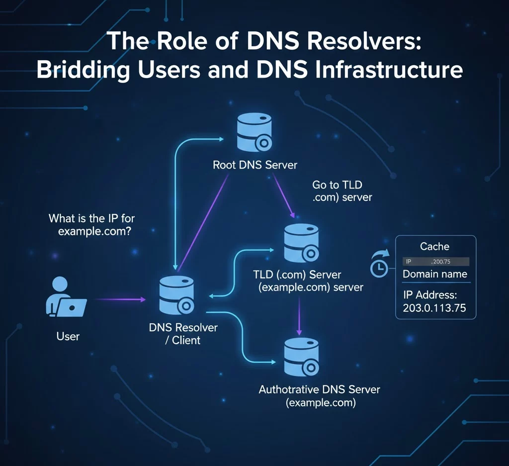 Infographic depicting the process of DNS resolution, showing a user's computer sending a query to the DNS Resolver. Arrows illustrate the resolver iteratively querying the Root Server, TLD Server, and Authoritative Server to retrieve and cache the final IP address.