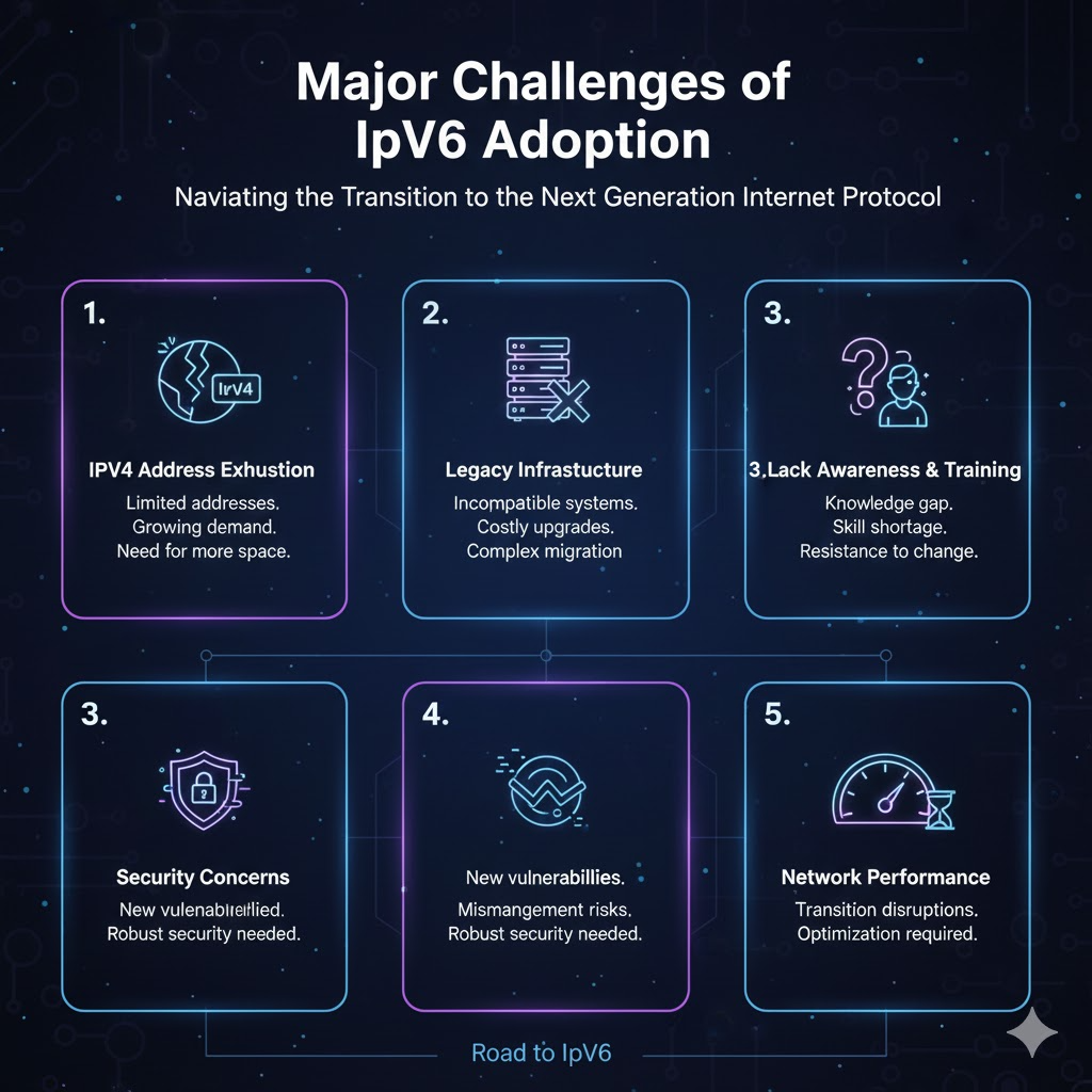 Feature image comparing IPv4 (represented by a small, nearly full block) and IPv6 (represented by a massive, expansive address space). The image also illustrates the "dual-stack" transition process, showing both protocols coexisting on a network, highlighting challenges like legacy infrastructure and security, and the need for planning and training.