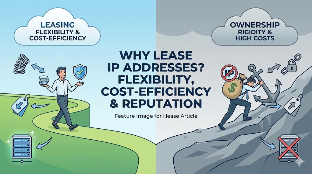 Feature image illustrating the reasons people lease IP addresses, featuring dual-pane comparison: one side shows limited/depleted IPv4 space (full traffic/limited blocks), and the other side shows an IP Leasing solution offering immediate access, scalability, and cost-effectiveness (handshake icon).