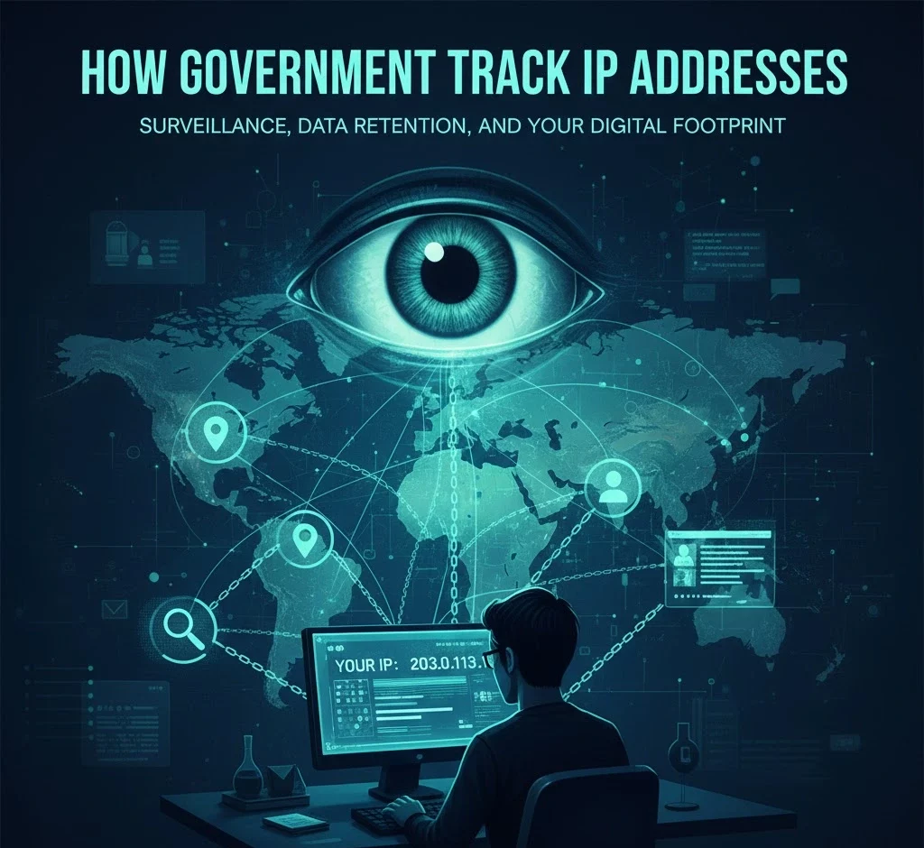 Feature image titled "How Governments Track IP Addresses," illustrating the surveillance process. A central "Government" monitoring hub is shown receiving data streams from an "ISP" (Internet Service Provider) to trace a user's digital footprint and physical location on a global map.