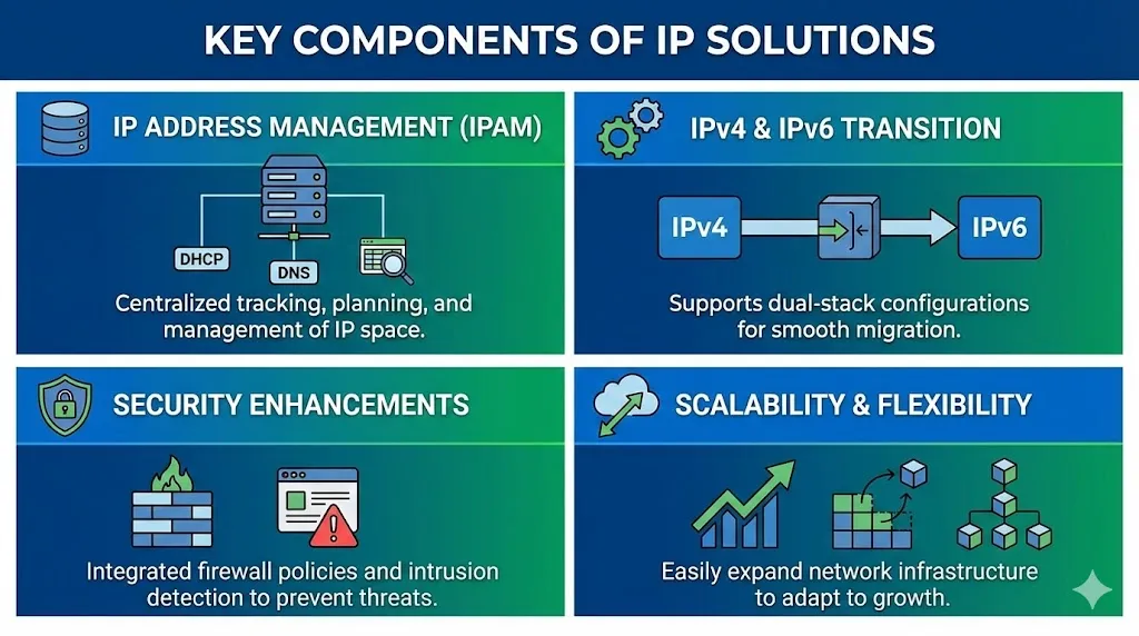Infographic detailing the four key components of IP Solutions: 1. IP Address Management (IPAM) illustrated with a central database and tracking logs; 2. IPv4/IPv6 Transition showing a dual-stack setup; 3. Security Enhancements featuring a firewall shield; and 4. Scalability and Flexibility represented by expanding network nodes.