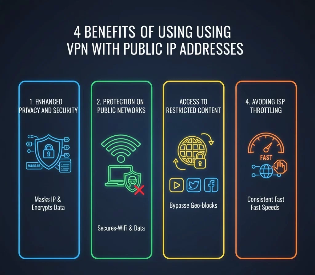 Infographic titled "4 BENEFITS OF USING A VPN" displaying four distinct sections: 1. Enhanced Privacy & Security (Shield icon); 2. Protection of Public Networks (Wi-Fi lock icon); 3. Access to Restricted Content (Unlocked globe icon); and 4. Avoiding ISP Throttling (Speedometer icon).