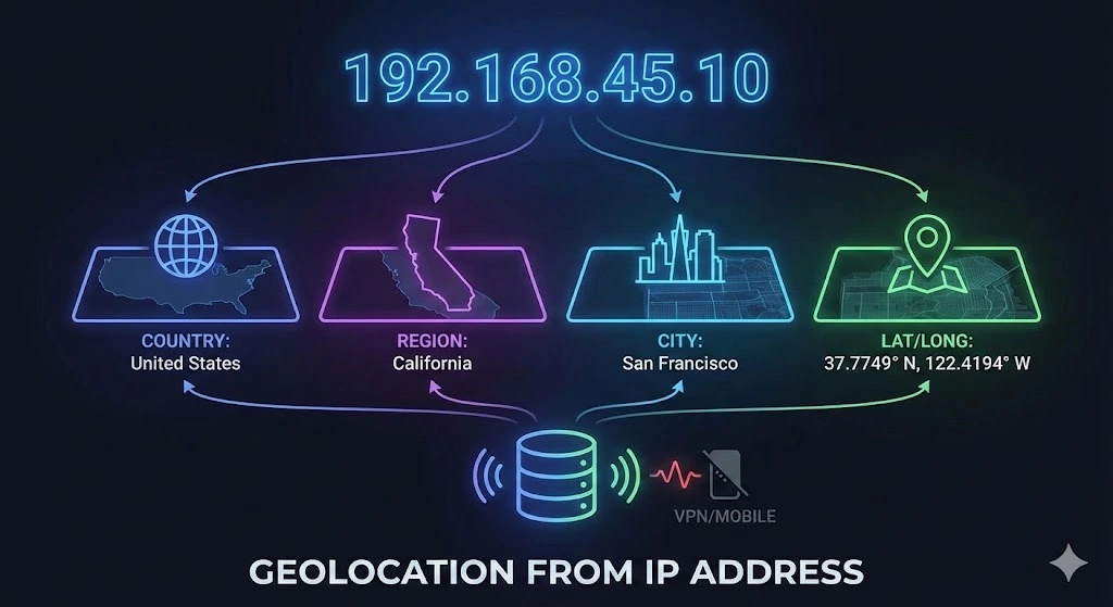 Feature image titled "What Information Can Be Obtained From An IP Address?" illustrating a digital magnifying glass analyzing an IP address. The analysis reveals connected data points including a geolocation map, Internet Service Provider (ISP) details, and network information.