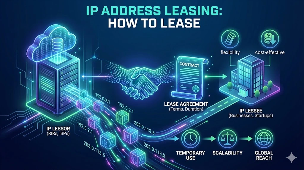 A futuristic digital infographic titled "IP ADDRESS LEASING: HOW TO LEASE," illustrating the process of transferring IP addresses from an IP Lessor (RIRs, ISPs) to an IP Lessee (Businesses) via a digital contract and handshake. Icons highlight key benefits including flexibility, cost-effectiveness, temporary use, scalability, and global reach.