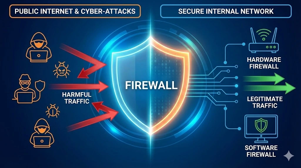 Diagram illustrating a firewall shield blocking harmful traffic and cyber-attacks from the public internet while allowing legitimate traffic into a secure internal network, with icons for hardware and software firewalls.