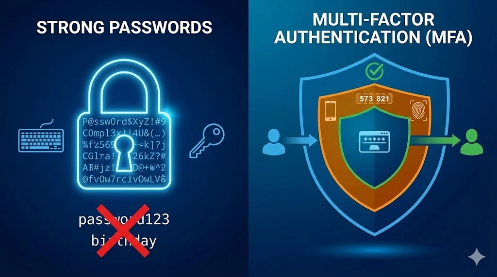 Split-screen infographic illustrating cybersecurity best practices: on the left, a complex strong password padlock versus weak passwords; on the right, a multi-factor authentication shield showing password, mobile code, and fingerprint verification steps.