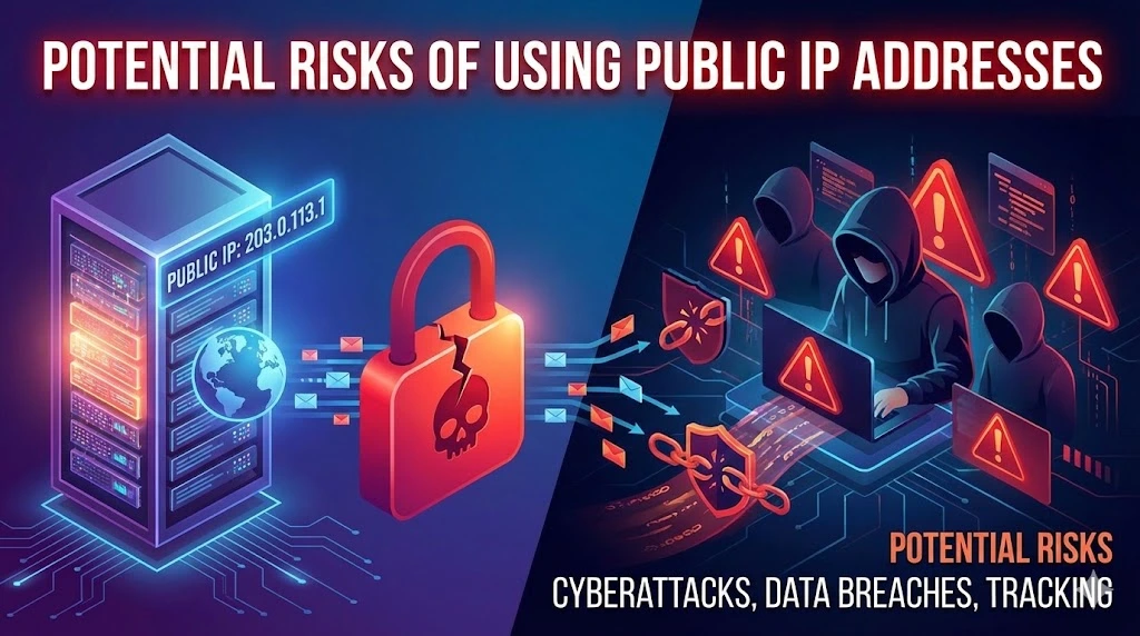 Feature image illustrating cybersecurity threats. On the left, a server rack labeled "PUBLIC IP: 203.0.113.1" transmits data through a large, broken, red padlock with a skull icon. On the right, hooded hacker figures at computers intercept the data flow amidst warning triangles and broken chains.
