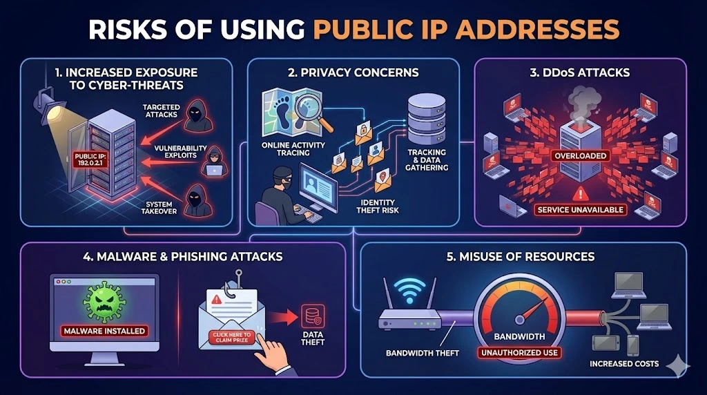 A five-panel infographic titled "RISKS OF USING PUBLIC IP ADDRESSES". It visualizes five key threats: 1. Increased exposure to cyber-threats showing hackers targeting a server; 2. Privacy concerns illustrating online activity tracing and identity theft; 3. DDoS attacks depicting an overloaded, unavailable server; 4. Malware & phishing attacks showing data theft via email; and 5. Misuse of resources demonstrating unauthorized bandwidth theft and increased costs.