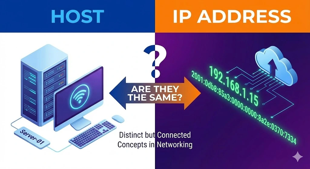 Infographic illustrating the comparison between a Host and an IP Address, showing they are distinct but connected networking concepts.